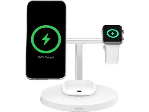 Belkin BoostCharge Pro 3-in-1 Qi2 15W Trådlöst laddningsstativ - Vit